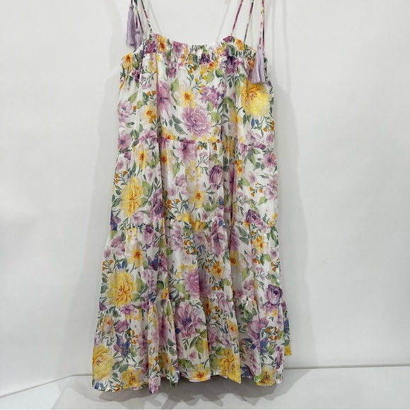 Floral Tassel Tie Mini Dress Multicolored Sheer Lined Tiered Shimmery - Picture 3 of 14